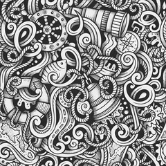 Fototapeta premium Cartoon hand-drawn doodles Nautical and Marine seamless pattern
