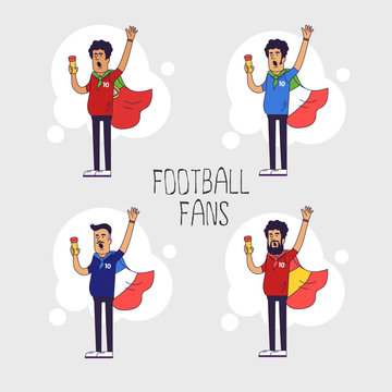 Set of the international fans of national football teams. Characters with flag. Flat line style design.