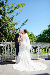 Wedding couple on the nature is hugging each other. Beautiful model girl in white dress. Man in suit. Beauty bride with groom. Female and male portrait. Woman with lace veil. Lady and guy outdoors