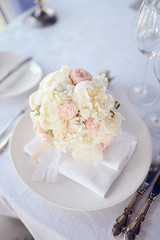 Beautiful wedding colorful bouquet for bride. Beauty of colored flowers. Close-up bunch of florets. Bridal accessories. Female decoration for girl. Details for marriage and for married couple