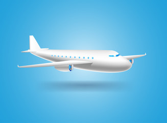 poster with white passenger airliner with shadow on blue backgro