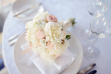 Beautiful wedding colorful bouquet for bride. Beauty of colored flowers. Close-up bunch of florets. Bridal accessories. Female decoration for girl. Details for marriage and for married couple