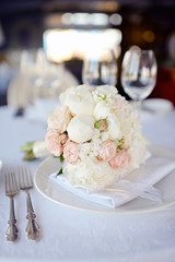 Beautiful wedding colorful bouquet for bride. Beauty of colored flowers. Close-up bunch of florets. Bridal accessories. Female decoration for girl. Details for marriage and for married couple