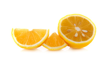 Yellow lemon slices on white background