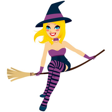 Beautiful blonde happy witch flying with broom isolated on white background