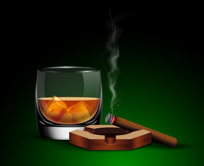 Poster with glass of whiskey with ice cubes, ashtray and cigar.