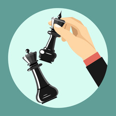Vector business strategy concept in flat style, male hand holding chess figure - planning and management