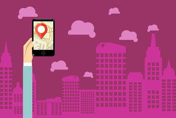 Naklejka premium Mobile gps navigation concept. Hand holding Mobile with Gps Navigation.