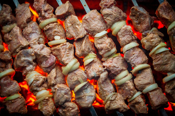 Barbecue pork kebabs on the hot grill close-up. Flames of fire and coals in the background