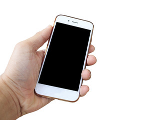 A man holding a smartphone with black blank screen with isolated background [clipping path]