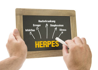 Hand schreibt Herpes Symptome auf Kreidetafel