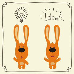 Two funny rabbit with lamp of idea and text. Set for child education. Icon idea.
