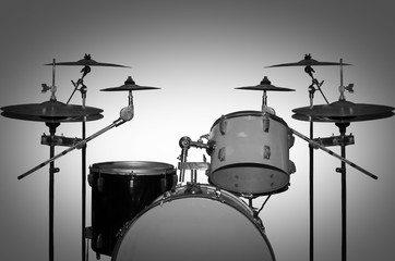 Drum Kit. Retro drums. Black and white photography