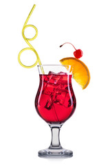 Red cocktail in old fashioned cocktail glass isolated on white background.