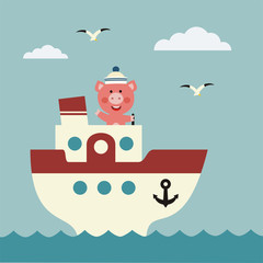 Obraz premium Funny pig sailor on bridge of ship. Icon sea travel.