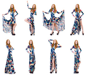 Naklejka premium Attractive woman in blue dress on white