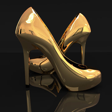 3D rendering of a pair of golden high heel
