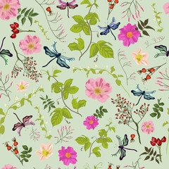 Nature pattern with dragonfly and dog rose