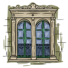 Hand drawn double window, green frame. Vintage artistic architecture window
