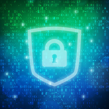 Safety shield with padlock icon computer digital data code background