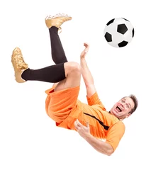 Foto op Plexiglas Soccer football player kicking the ball isolated on a white background © milkovasa