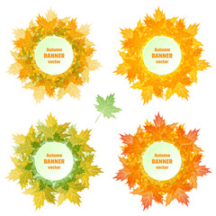 Autumn banner vector. Bright banners of autumn maple leaves in green, red, yellow colors. Watercolor effect. Funny labels, tickets, cards, stickers