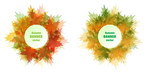 Autumn banner vector. Bright banners of autumn maple leaves in green, red, yellow colors. Watercolor effect. Funny labels, tickets, cards, stickers