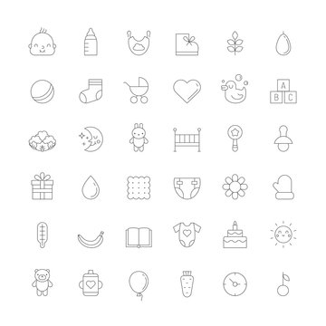 Baby (girl and boy) cute outline icons vector set.