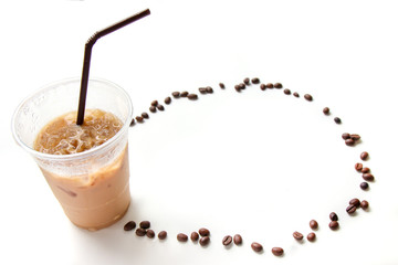 Iced coffee with straw in plastic cup on white background  