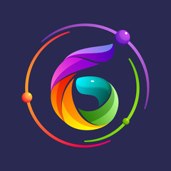 Obraz premium Number six logo with atoms orbits.