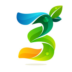 Number three logo with green leaves and water waves.