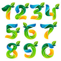 Numbers set logos with green leaves and water waves.
