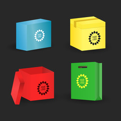 Box and package set. Vector illustration. Blue, yellow, green and red colors