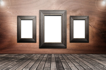 Picture frame is available on the wooden walls,3D rendering