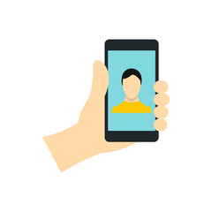 Man taking selfie photo on smartphone icon in flat style on a white background