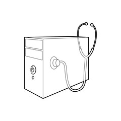 Computer system unit and stethoscope icon in outline style on a white background