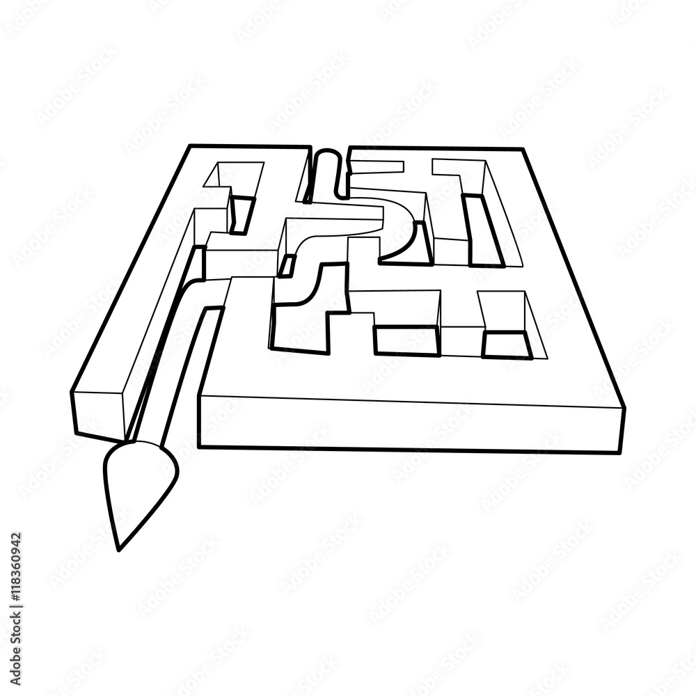 Poster path with arrow across labyrinth icon in outline style on a white background