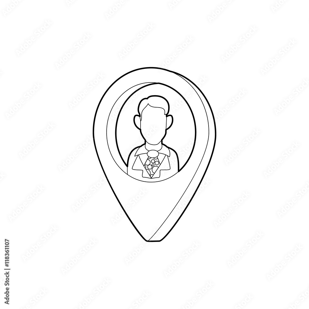 Poster map pointer with businessman icon in outline style on a white background