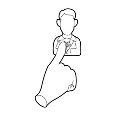 Hand cursor pointing to a person icon in outline style on a white background