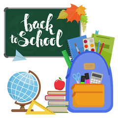 Set of different items for education. Back to school  lettering. Vector stock illustration.