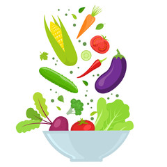 Bowl with colorful vegetables isolated on white background. Vector stock illustration.
