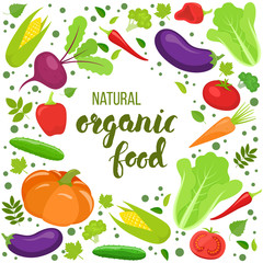 Round frame with colorful vegetables. Template for packaging, cards, posters, menu. Handwritten lettering - organic food. Vector stock illustration.