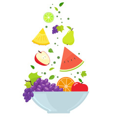 Bowl with colorful fruits isolated on white background. Vector stock illustration.