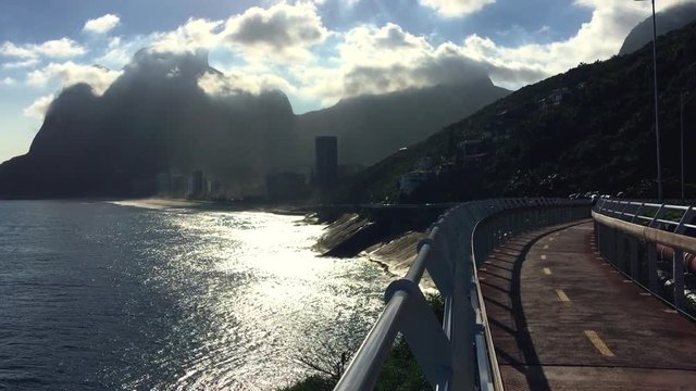 Scenic view of the newly completed Ciclovia Tim Maia bike lane, where residents walk, jog, and cycle between the neighborhoods of Leblon and Sao Conrado in Rio de Janeiro, Brazil