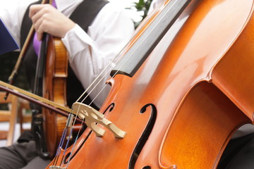 close up of a cello playing in an ensemble