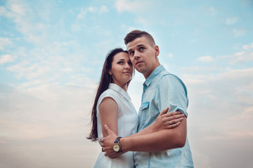 Love story. Silhouette figures of people in love on the nature. Screensaver for the film.