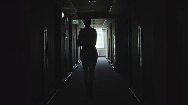 Rear view of silhouette of businesswoman running with documents through dark corridor in slow motion