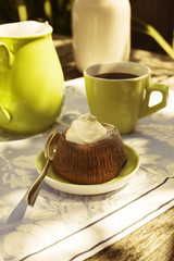Chocolate souffle with confectioner's sugar
