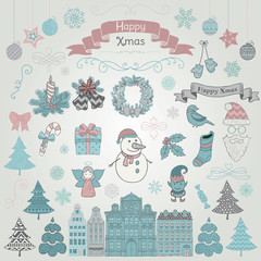 Set of Hand Drawn Artistic Christmas Doodle Icons.