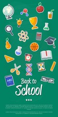 Back to school banner with flat vector icons. Vector flat Illustration. Arts and science stickers. Education concept. School symbols.